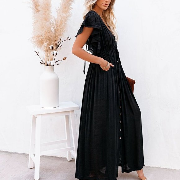 New Bohemian Long Black Gauze Maxi Summer Dress - Picture 3 of 8